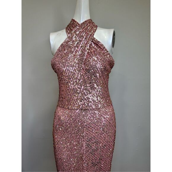 NWT Naeem Khan Crisscross Halter Open Back Bodycon Sequin Evening Gown Pink Sz 8 - Picture 4 of 11